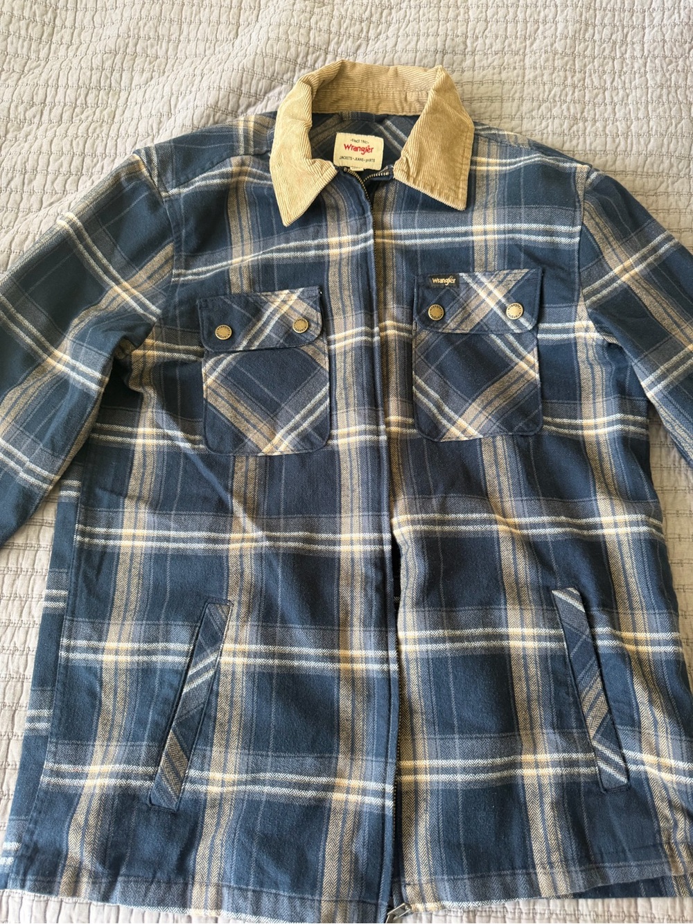 Wrangler Blue and Tan Plaid Zip-Up Shacket with Corduroy Collar